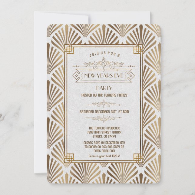Invitación Gatsby Blanco Art Decó Fiesta de Nochevieja de los (Anverso)
