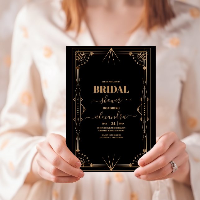 Invitación Gatsby Bridal Shower geométrica de oro negro oscur (Subido por el creador)