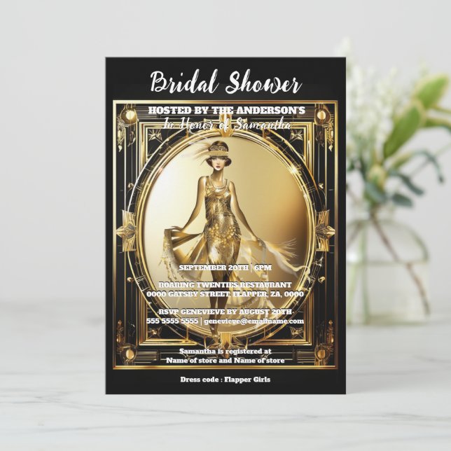 Invitación Gatsby chica de la flapera de oro negro brillante  (Anverso de pie)