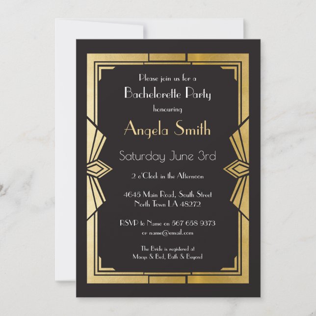 Invitación Gatsby de la fiesta de la Bachelorette (Anverso)