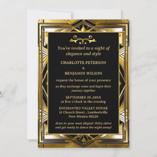Invitación Gatsby de lujo negro y oro Art Deco Boda de los añ