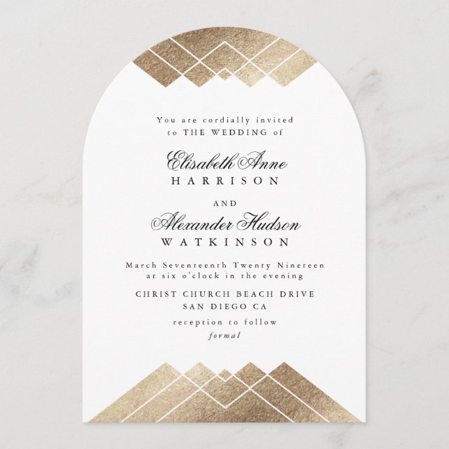 Invitación Gatsby de oro blanco Boda de arco de caligrafía de (Anverso)