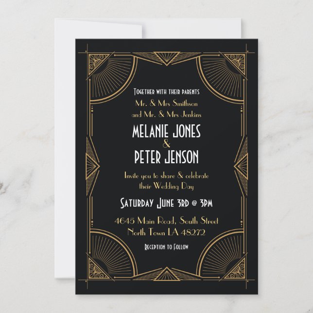 Invitación Gatsby Fiesta Black & Gold, Boda de Art Deco de lo (Anverso)