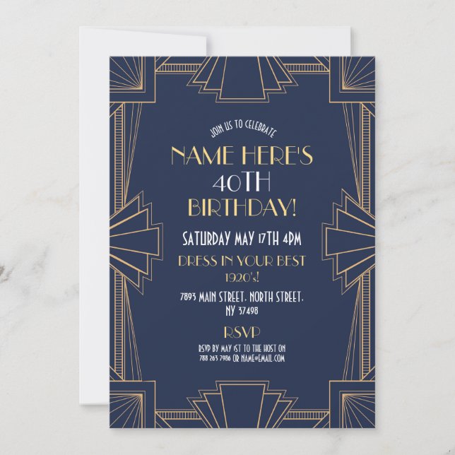 Invitación Gatsby Fiesta Navy & Gold (Anverso)