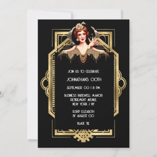 Invitación Gatsby Flapper chica oro negro