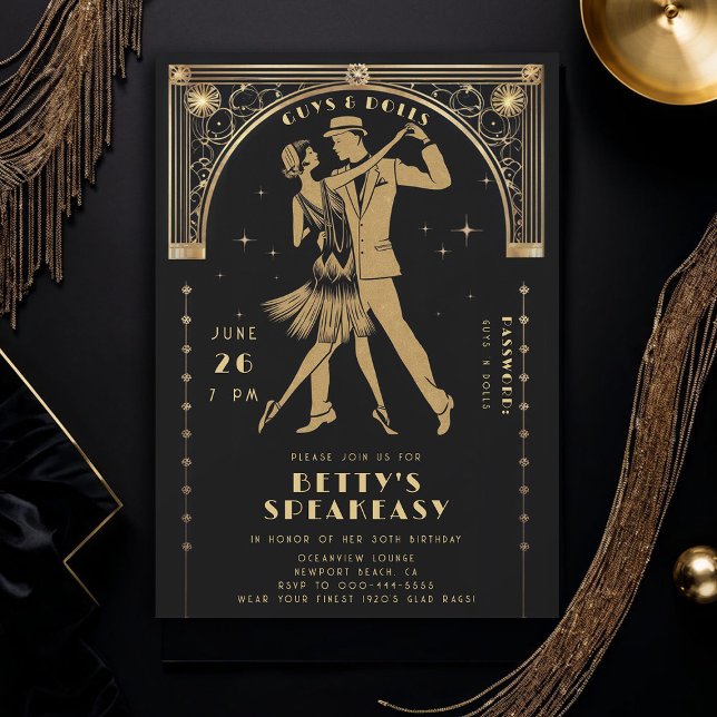 Invitación Gatsby Flapper Speakeasy durante 20 años (roaring 20s speakeasy gatsby flapper dance dancing couple gold black deco adult birthday invite)