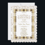 Invitación Gatsby Gatsby 20s Estilo Gatsby 16<br><div class="desc">Elegante y romántico Art Deco Gran Gatsby de diseño. Presenta un estilo art déco, forma angular de Relieve metalizado dorado falso, adornos, magníficos tipos de letra vintage, sobre un fondo Art déco dorado blanco. Utilice la herramienta Personalizar para agregar su información. Para ver elementos coincidentes, visite mi colección de estilos...</div>
