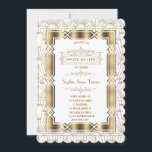 Invitación Gatsby Gatsby 20s Estilo Gatsby 16<br><div class="desc">Elegante y romántico Art Deco Gran Gatsby de diseño. Presenta un estilo art déco, forma angular de Relieve metalizado dorado falso, adornos, magníficos tipos de letra vintage, sobre un fondo Art déco dorado blanco. Utilice la herramienta Personalizar para agregar su información. Para ver elementos coincidentes, visite mi colección de estilos...</div>