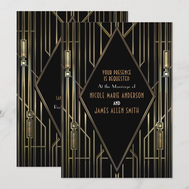 Invitación Gatsby Glam Boda de Black & Gold 20's Art Deco (Anverso / Reverso)