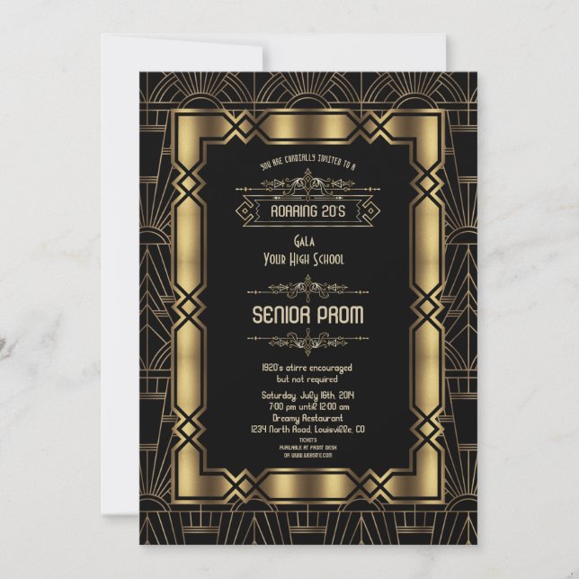 Invitación Gatsby Gold Black Deco Gatsby 1920s Style Senior P (Anverso)