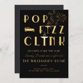 Invitación Gatsby Pop Fizz Clink Art Deco New Years Eve Black
