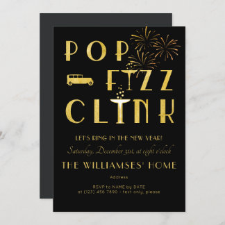 Invitación Gatsby Pop Fizz Clink Art Deco New Years Eve Black