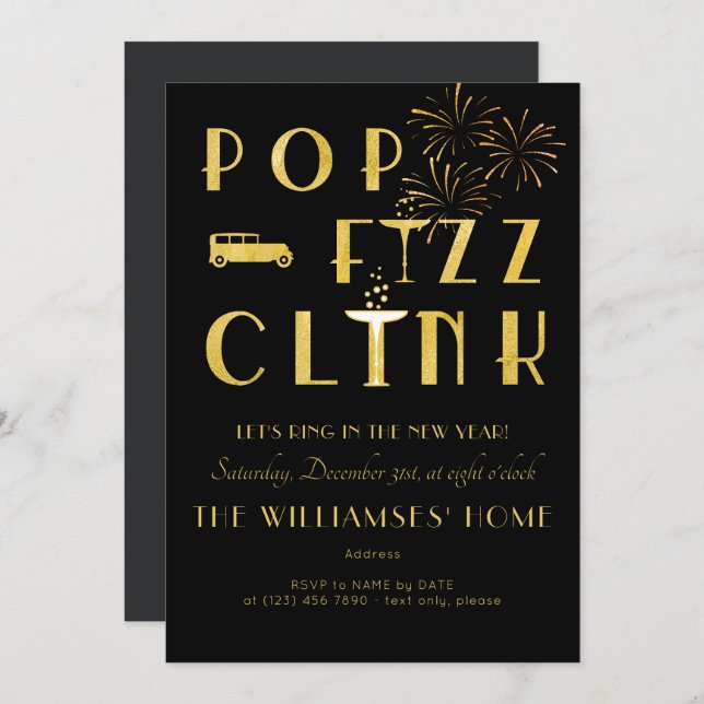 Invitación Gatsby Pop Fizz Clink Art Deco New Years Eve Black (Anverso / Reverso)