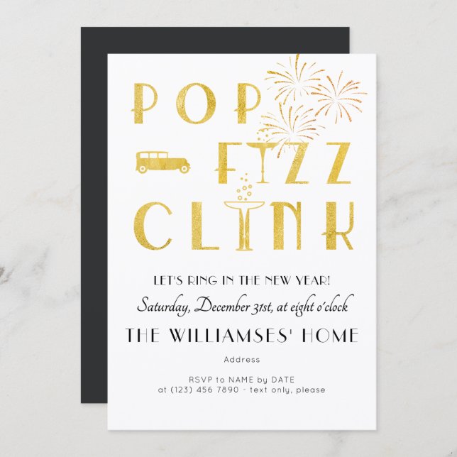 Invitación Gatsby Pop Fizz Clink Art Deco New Years Eve Party (Anverso / Reverso)