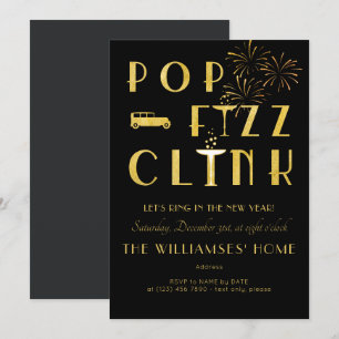 Invitación Gatsby Pop Fizz Clink Art Deco Nochevieja Negro
