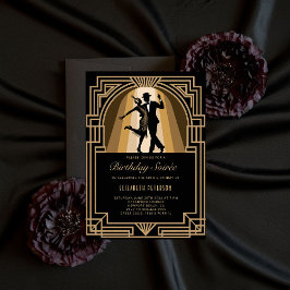 Invitación Gatsby Roaring 1920 Art Deco Black Gold Birthday