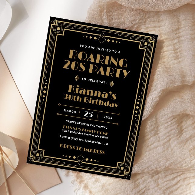 Invitación Gatsby Roaring 20s Art Deco Cumpleaños Oro Negro (Subido por el creador)