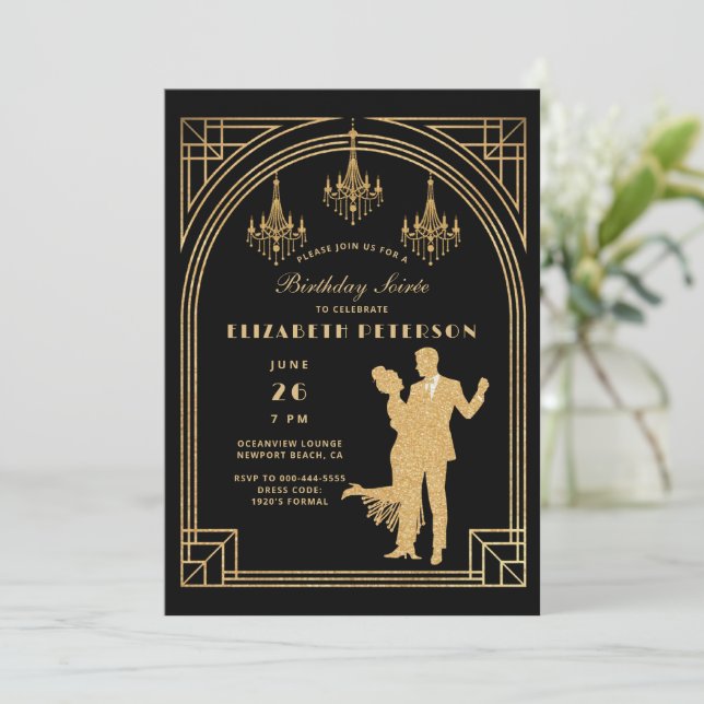 Invitación Gatsby Roaring Deco Chandeliers Frame Cumpleaños (Anverso de pie)