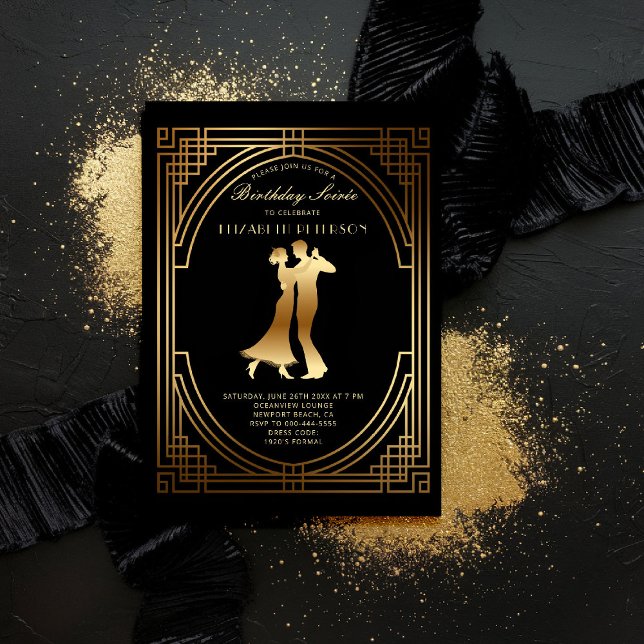 Invitación Gatsby Roaring Veintinueve cumpleaños del Flapper  (gatsby party invitation roaring twenties 1920s art deco nouveau frame gold business corporate event)
