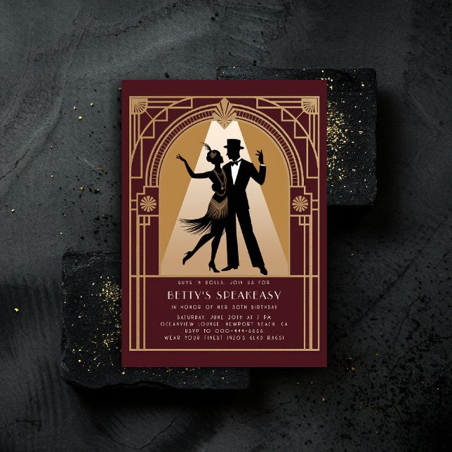 Invitación Gatsby Speakeasy 1920 Día de cumpleaños deco Gold  (gatsby party invitation speakeasy roaring 1920s twenties nouveau deco flapper dance burgundy)