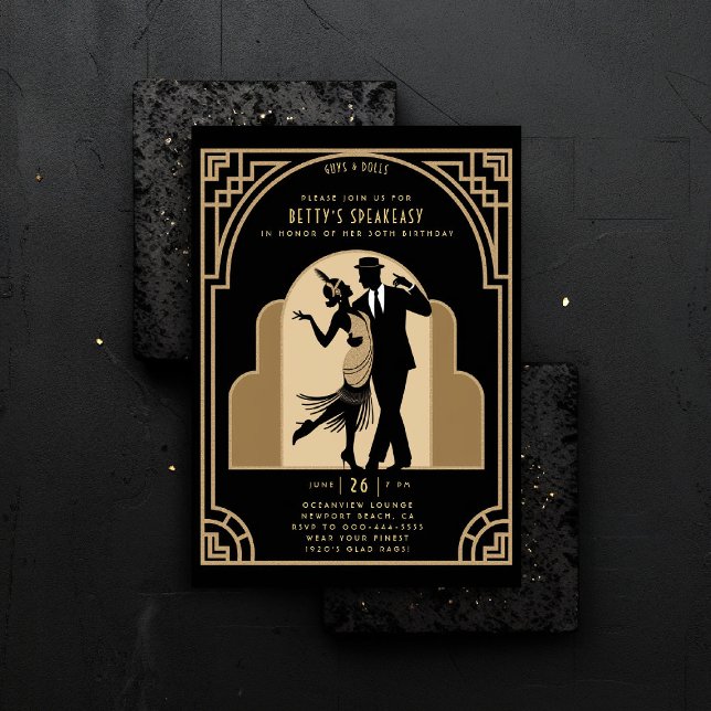 Invitación Gatsby Speakeasy Flapper rugiendo cumpleaños decó  (gatsby party invitation speakeasy roaring 1920s twenties nouveau deco flapper dance gold elegant)