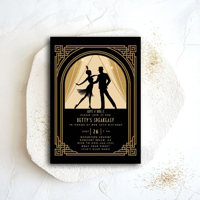 Invitación Gatsby Speakeasy Nouveau Flapper Deco Cumpleaños (gatsby party invitation speakeasy roaring 1920 twenties nouveau deco flapper dance gold)