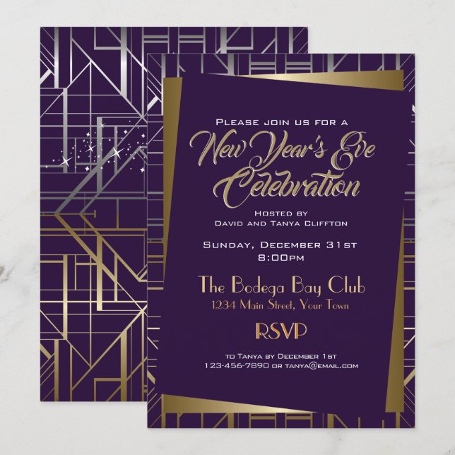 Invitación Gatsby Style NYE Gold y Midnight Blue (Anverso / Reverso)