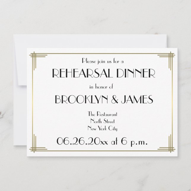 Invitación Gatsby White Art Deco Boda invita a un ensayo (Anverso)