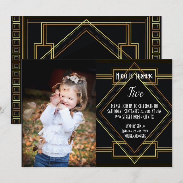 Invitación gatsgatsby de oro y negro foto Fiesta de cumpleaño (Anverso / Reverso)