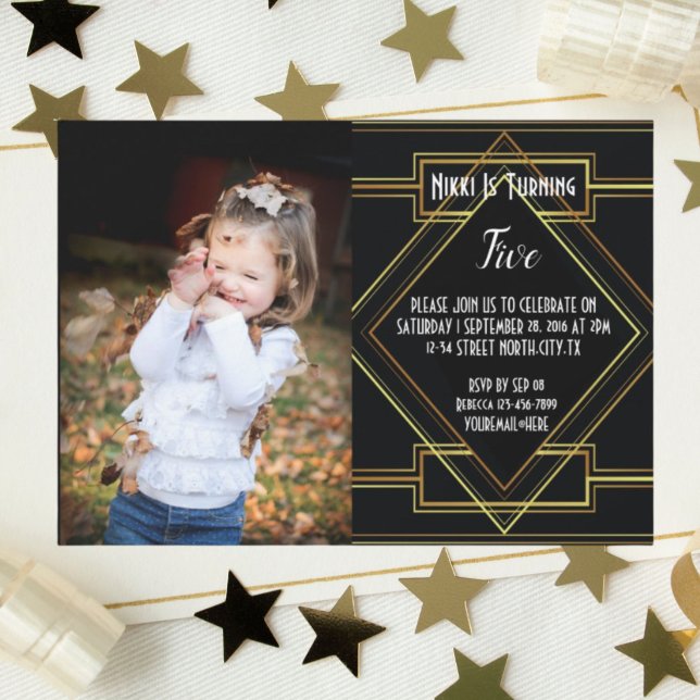 Invitación gatsgatsby de oro y negro foto Fiesta de cumpleaño (black and gold great gatsby photo Birthday party Invitation)