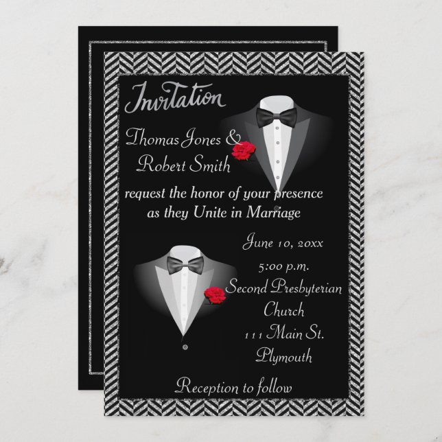 Invitación gay elegante de la boda del smoking (Anverso / Reverso)