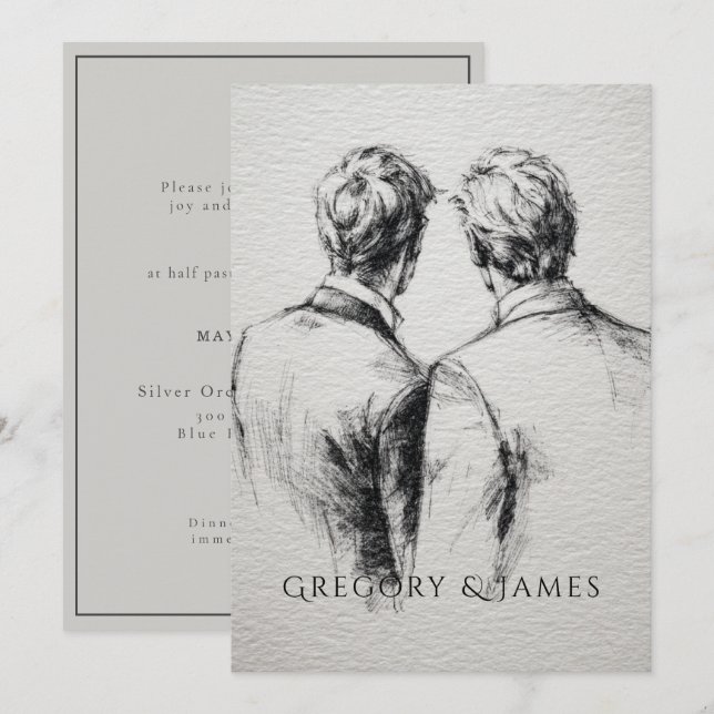 Invitación Gay / Grooms Wedding Pencil Drawing  (Anverso / Reverso)