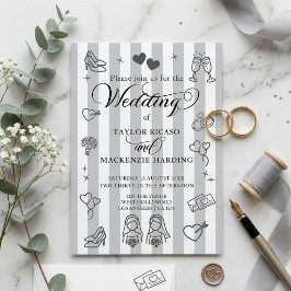 Invitación Gay Wedding Two Brides Whimsical Doodles
