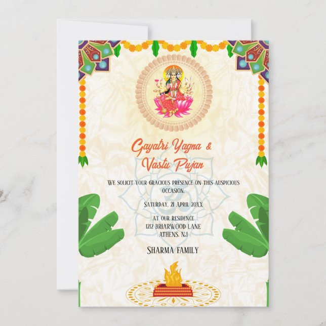 Invitación Gayatri Yagna Vastu Pujan Hindu Floral (Anverso)