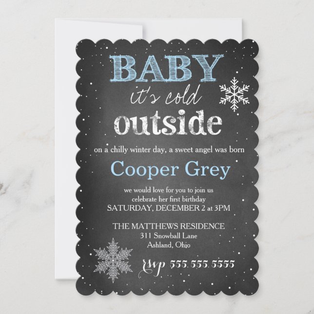 Invitación GC Blue Baby hace frío fuera del cumpleaños de inv (Anverso)