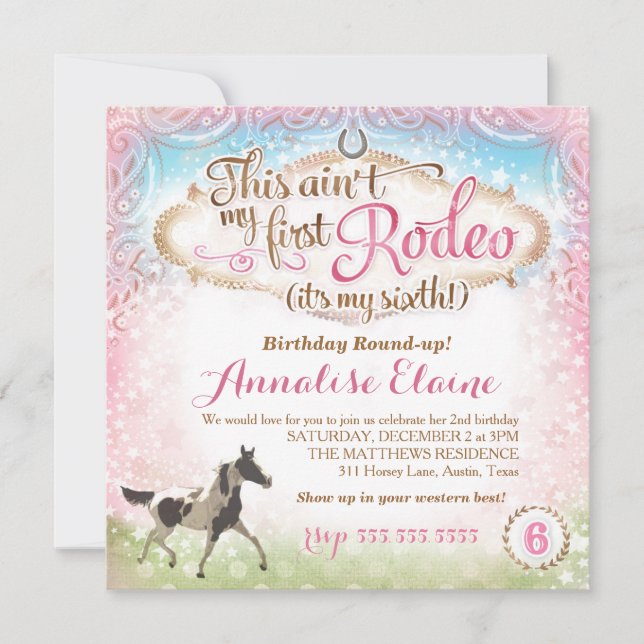 Invitación GC Este no es mi primer rodeo sexto cumpleaños (Anverso)