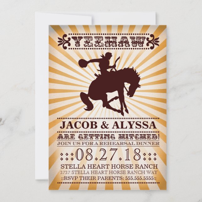 Invitación GC Naranja de ensayo de Rodeo Rodeo de Rowdy Yehaw (Anverso)