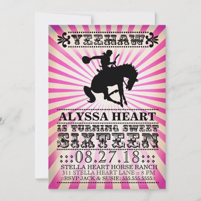 Invitación GC Yeehaw Rodeo Sweet 16 cumpleaños Negro rosa (Anverso)