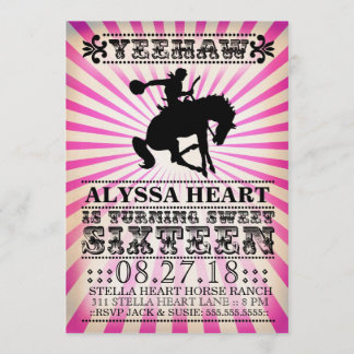 Invitación GC Yeehaw Rodeo Sweet 16 cumpleaños Negro rosa