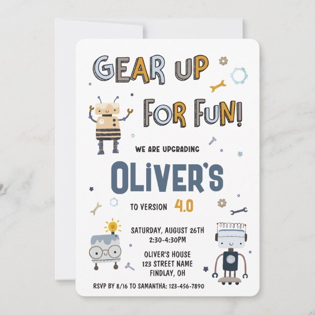 Invitación Gear Up For Fun Robots Characters Cumpleaños Party (Anverso)