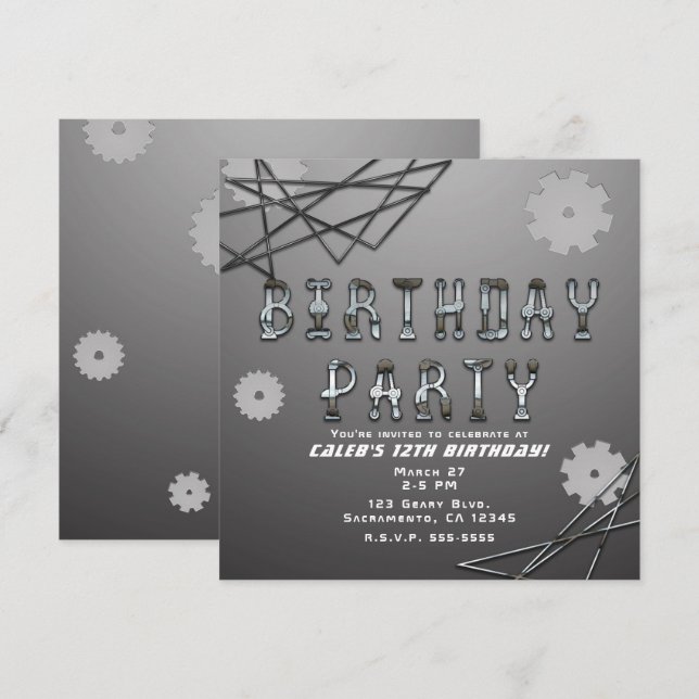 Invitación Gears Robot Futurista fiesta de cumpleaños de Guay (Anverso / Reverso)
