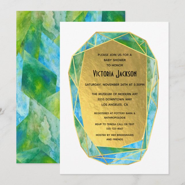 Invitación Gem Stone Gold Geométrico Crystal Baby Shower (Anverso / Reverso)
