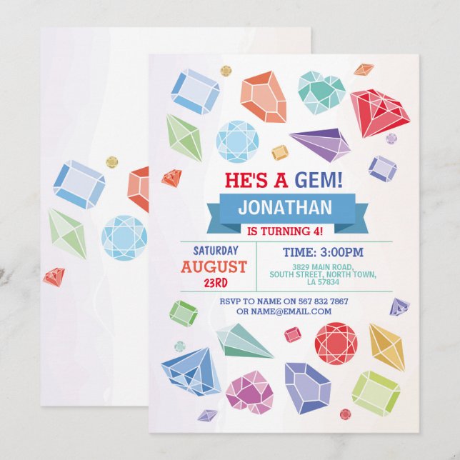Invitación Gema de cumpleaños Fiesta Crystals Geode Rojo Azul (Anverso / Reverso)
