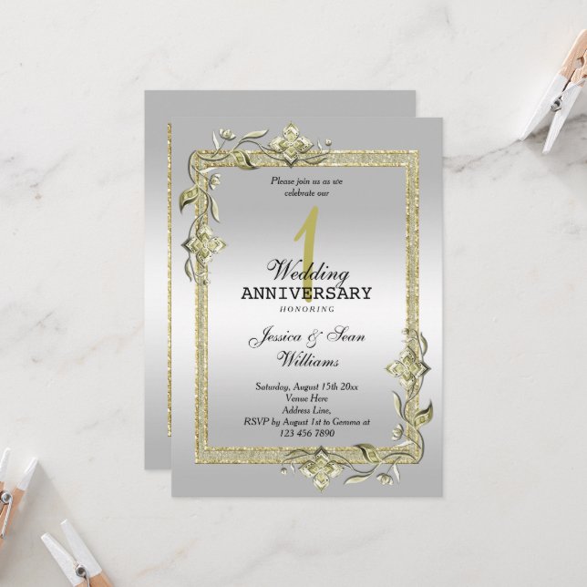 Invitación Gema de oro, Purpurina y plata primer Boda (Anverso/Reverso In Situ)