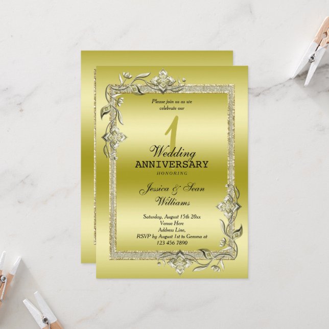 Invitación Gema de oro y Purpurina primer aniversario Boda (Anverso/Reverso In Situ)