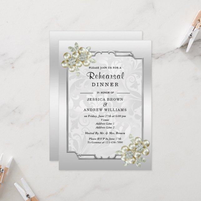 Invitación Gema floral, ensayo de cena Boda con marco platead (Anverso/Reverso In Situ)