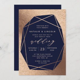 Invitación Gema tallada azul marino y hoja de cobre para boda