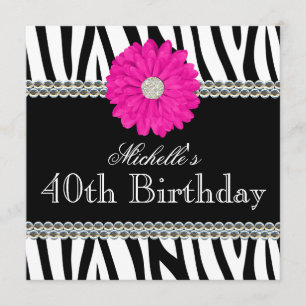 Invitación Gemas impresas color rosa cebra 40 cumpleaños