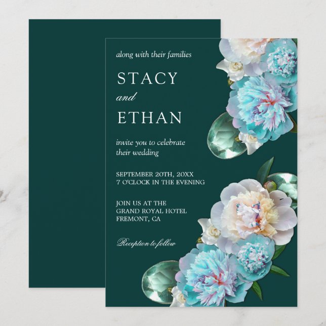 Invitación Gemas verdes y Boda floral de pueblos turquesa (Anverso / Reverso)