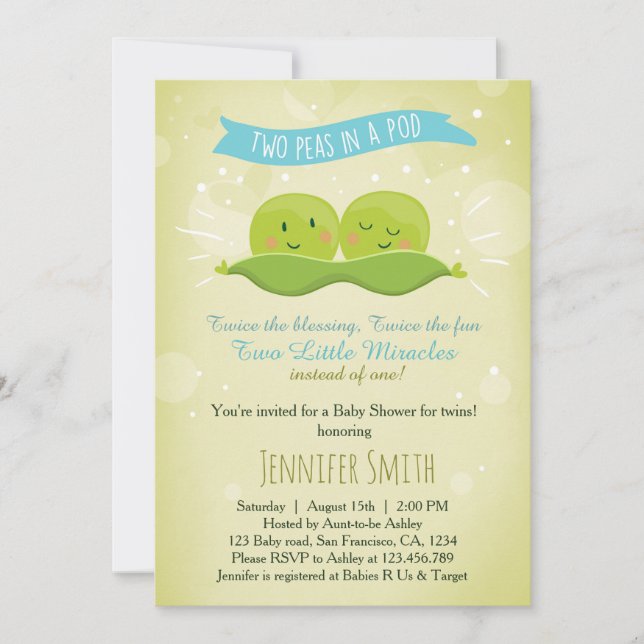 Invitación gemela Baby Shower Dos Peas En Un Azul  (Anverso)